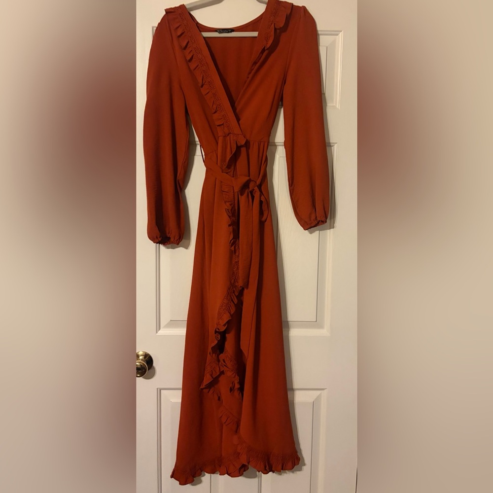 Simplee Apparel Elegant Burnt Orange Wrap Maxi Dress - Picture 3 of 4